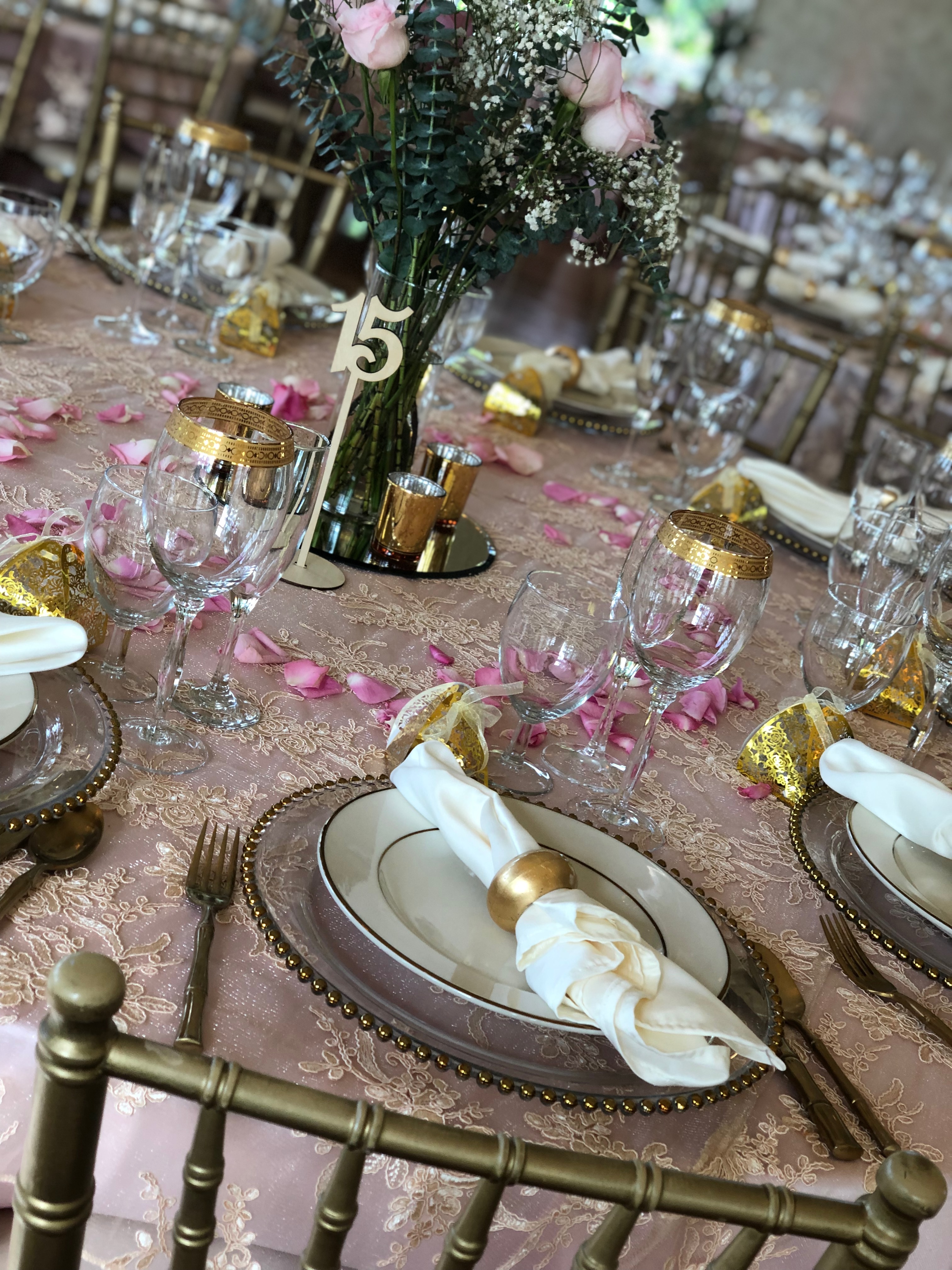 Lace overlay over blush lamour linen with golden accents