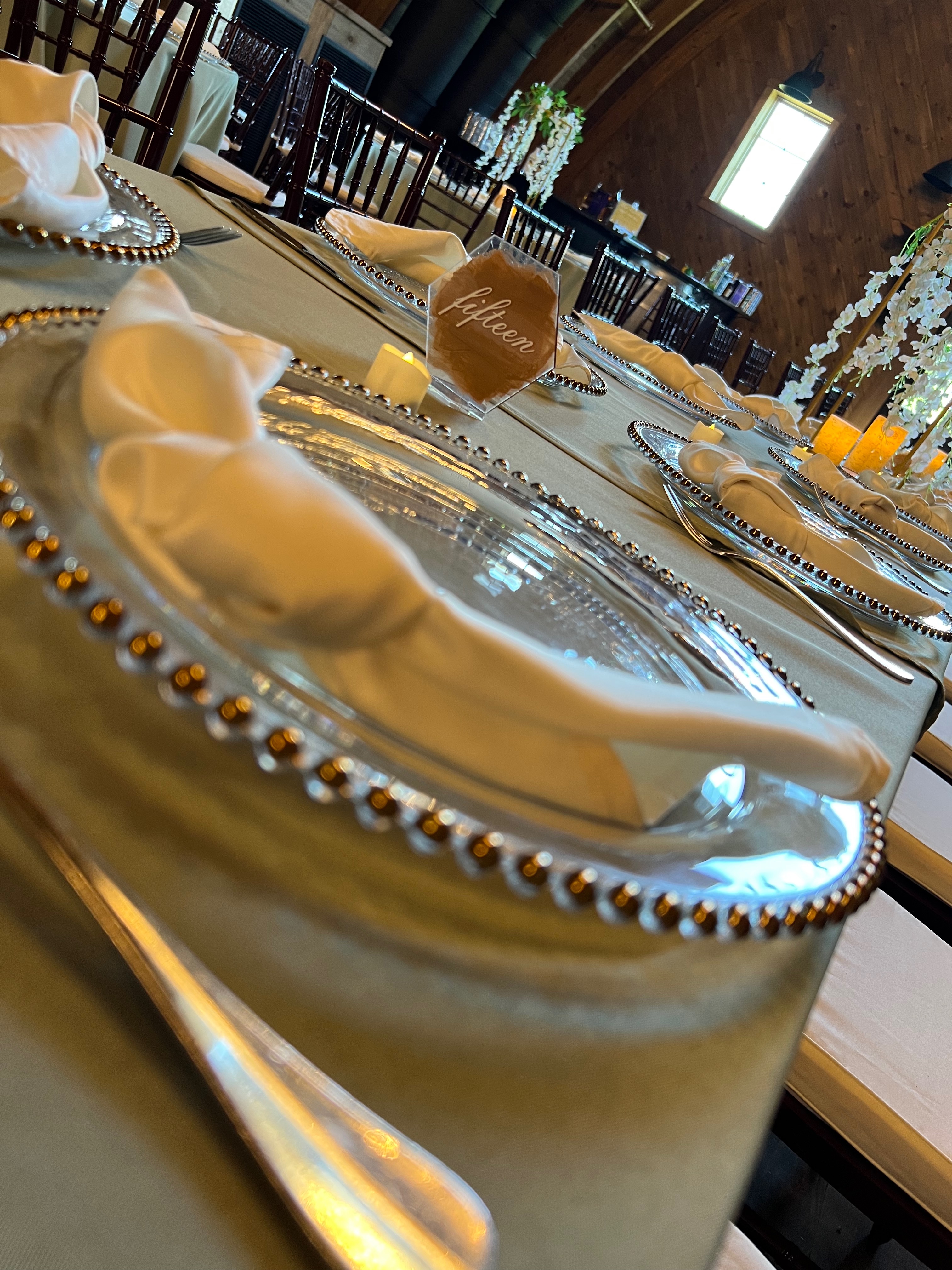 Sage linen with Gold beaded glass chargers