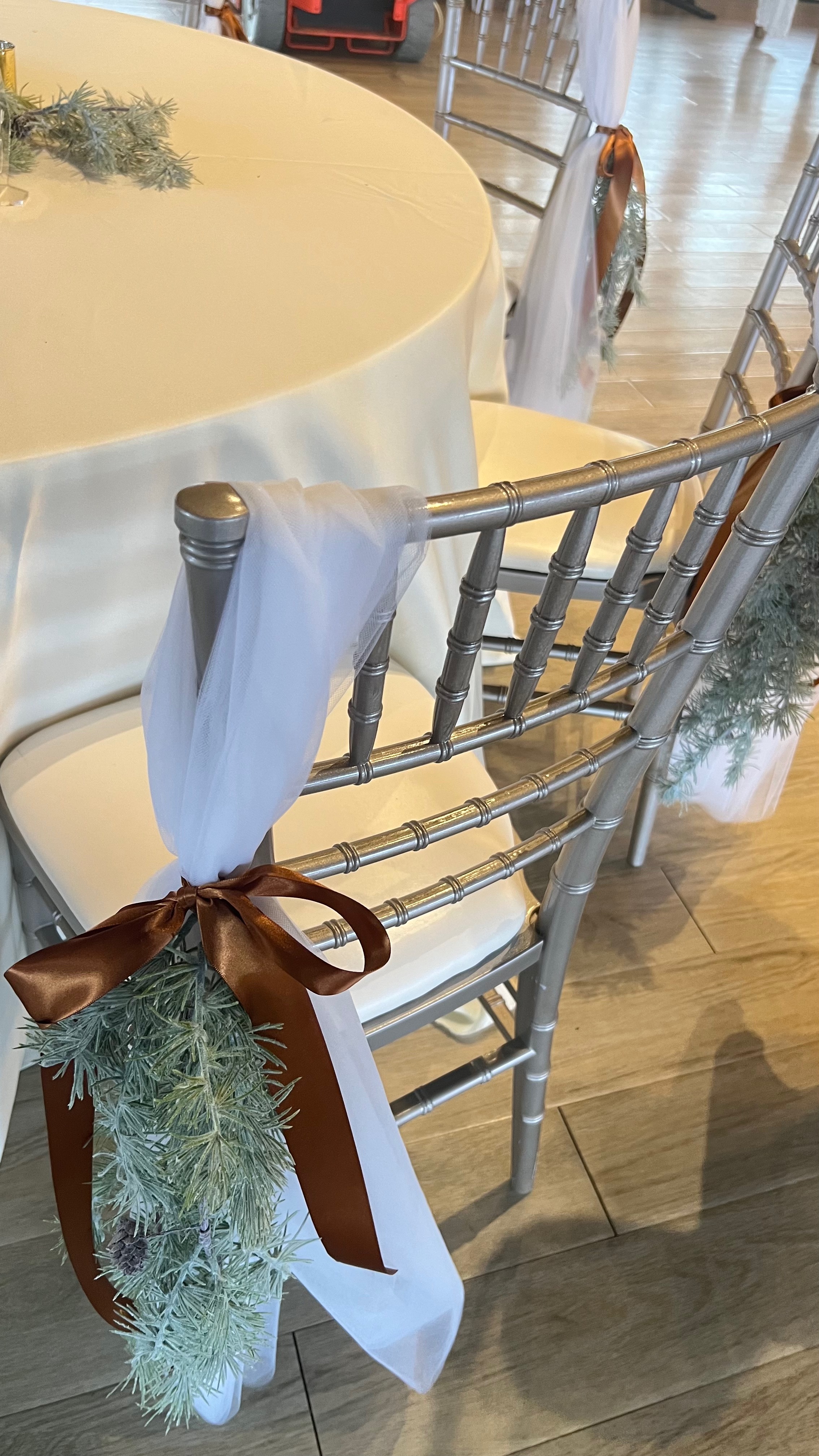 Silver chiavari chair with lace and satin accent