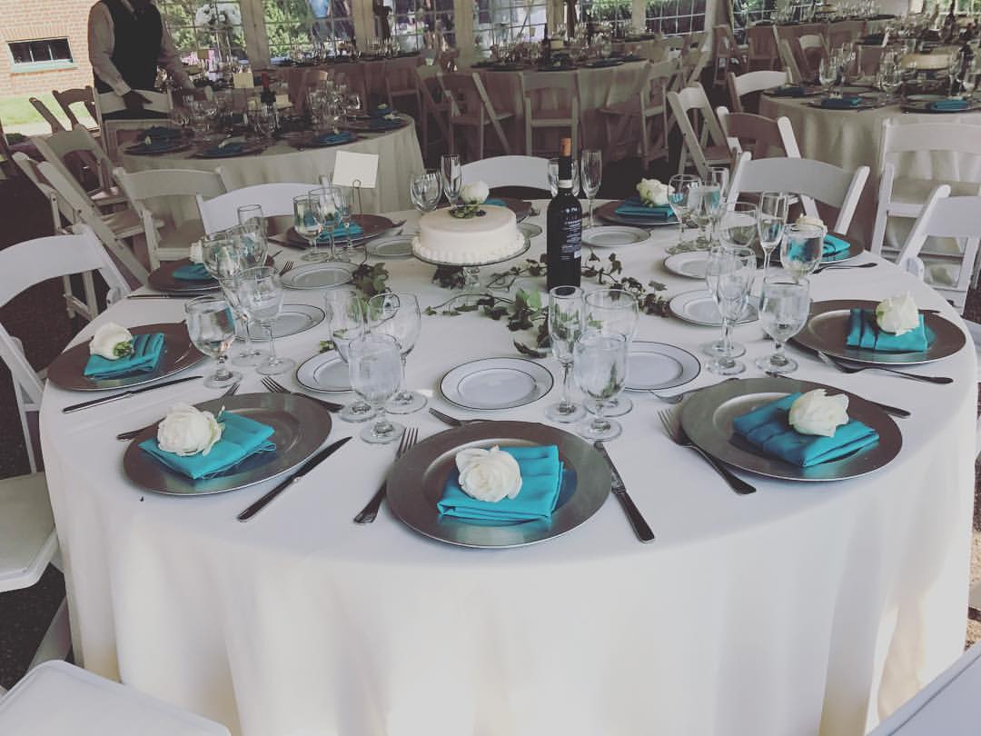 White and Turquoise with Cake Centerpieces