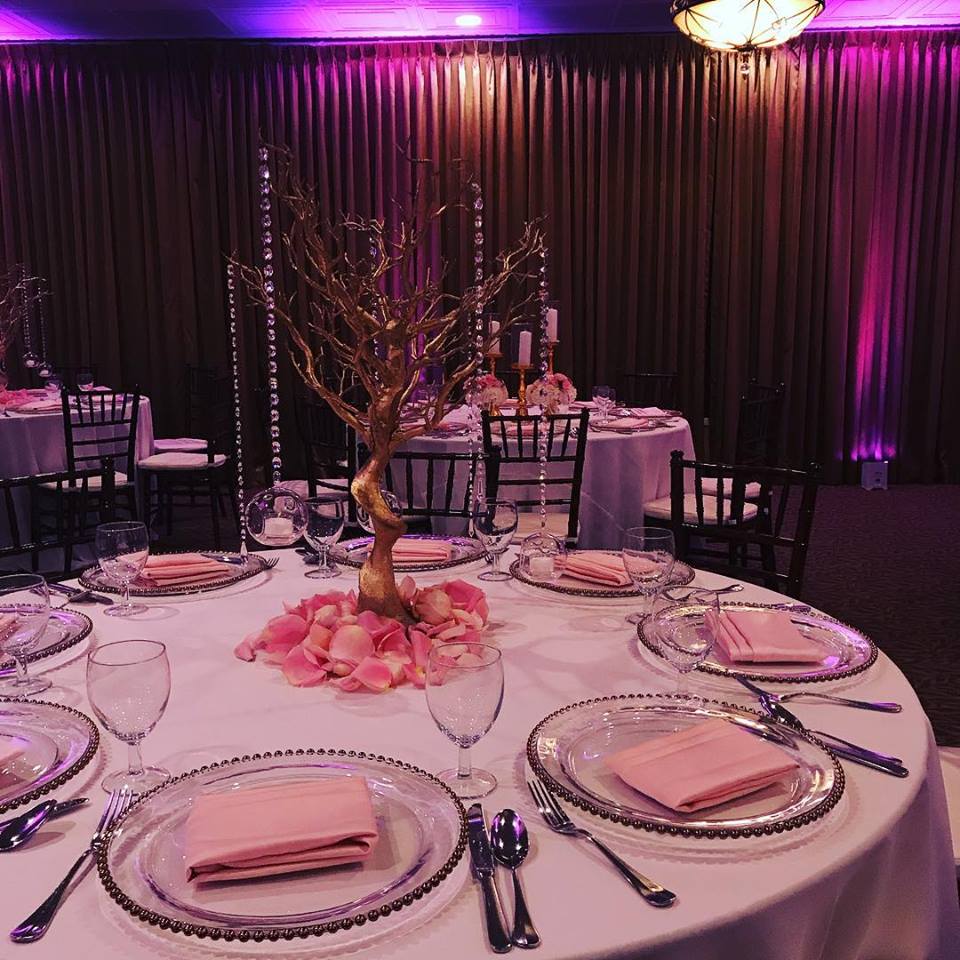 Blush and Gold with Wood and Crystal Tree Centerpieces