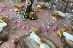 Lace overlay over blush lamour linen with golden accents