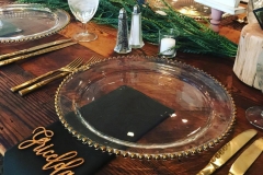 Wood Farm Tables with Gold and Greenery